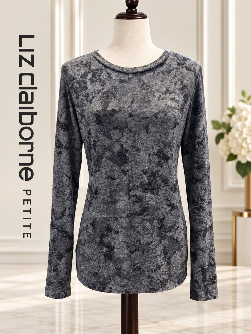 Liz Claiborne Petite Gray Marbled Long Sleeve Tunic Top